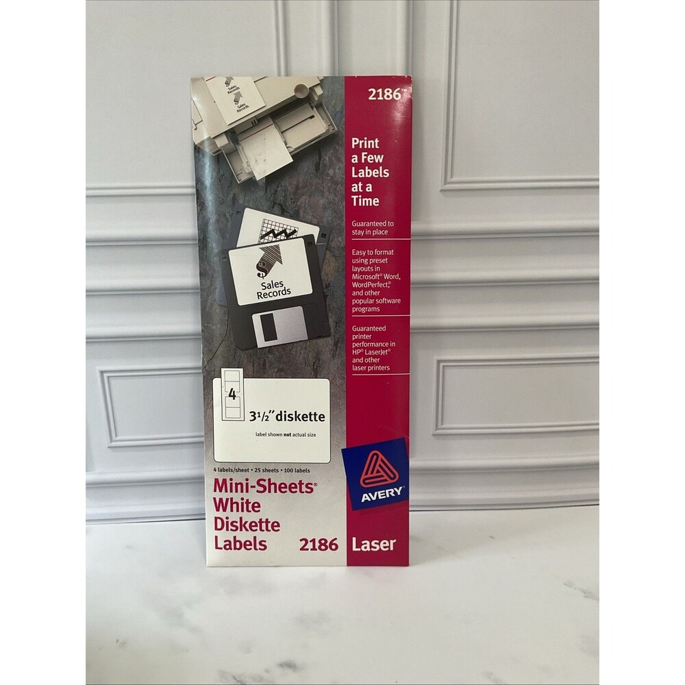 Avery 2186 Mini Sheets White Diskette Labels 25 Sheets,100 Labels